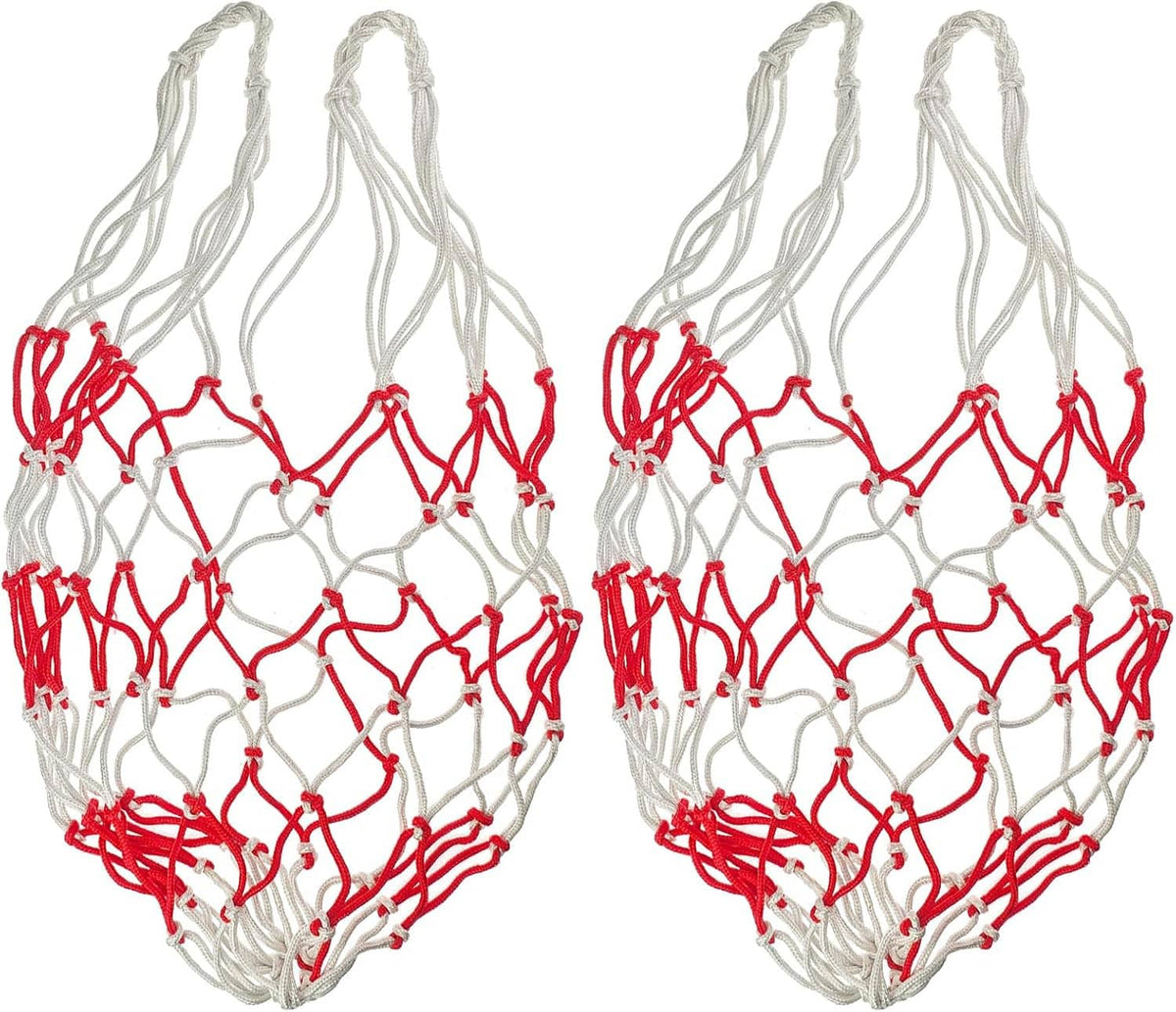 Two carboy carrier straps, white rope netting with red looped ties.