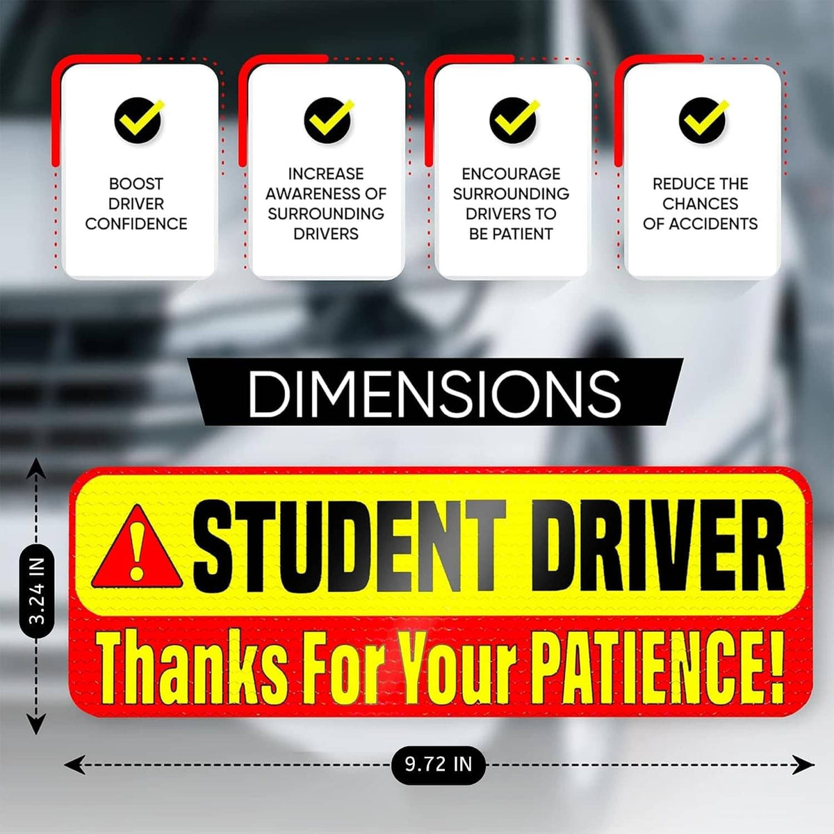 Student Driver car magnet sign with “Thanks For Your Patience!”; size 9.72 x 3.24 in
