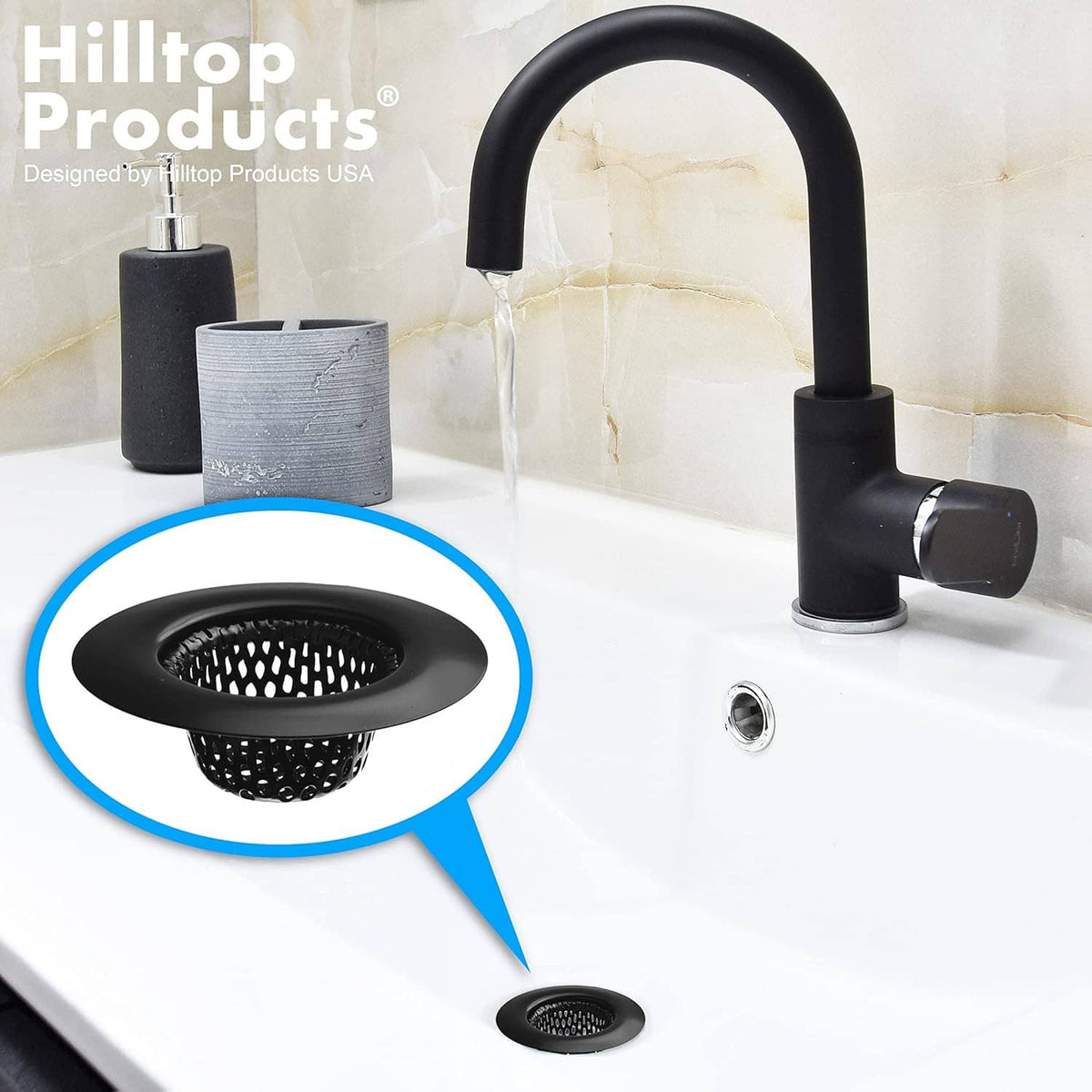 Black sink strainer with wide rim and perforated basket, shown near a bathroom faucet.