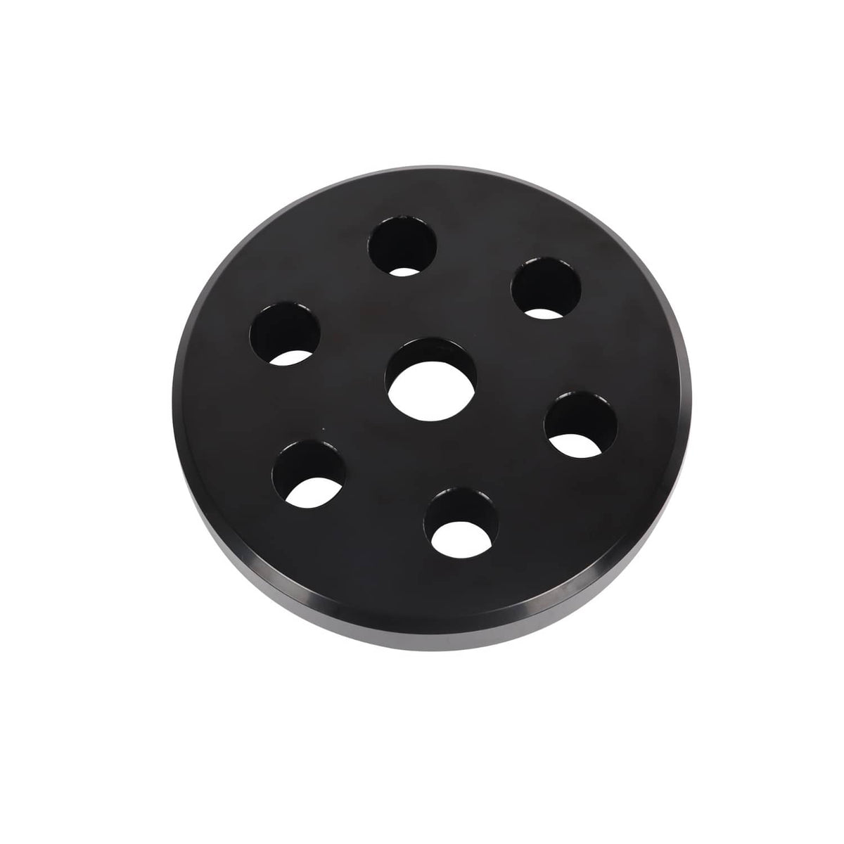 Black circular bushing plate with central hole and multiple bolt holes