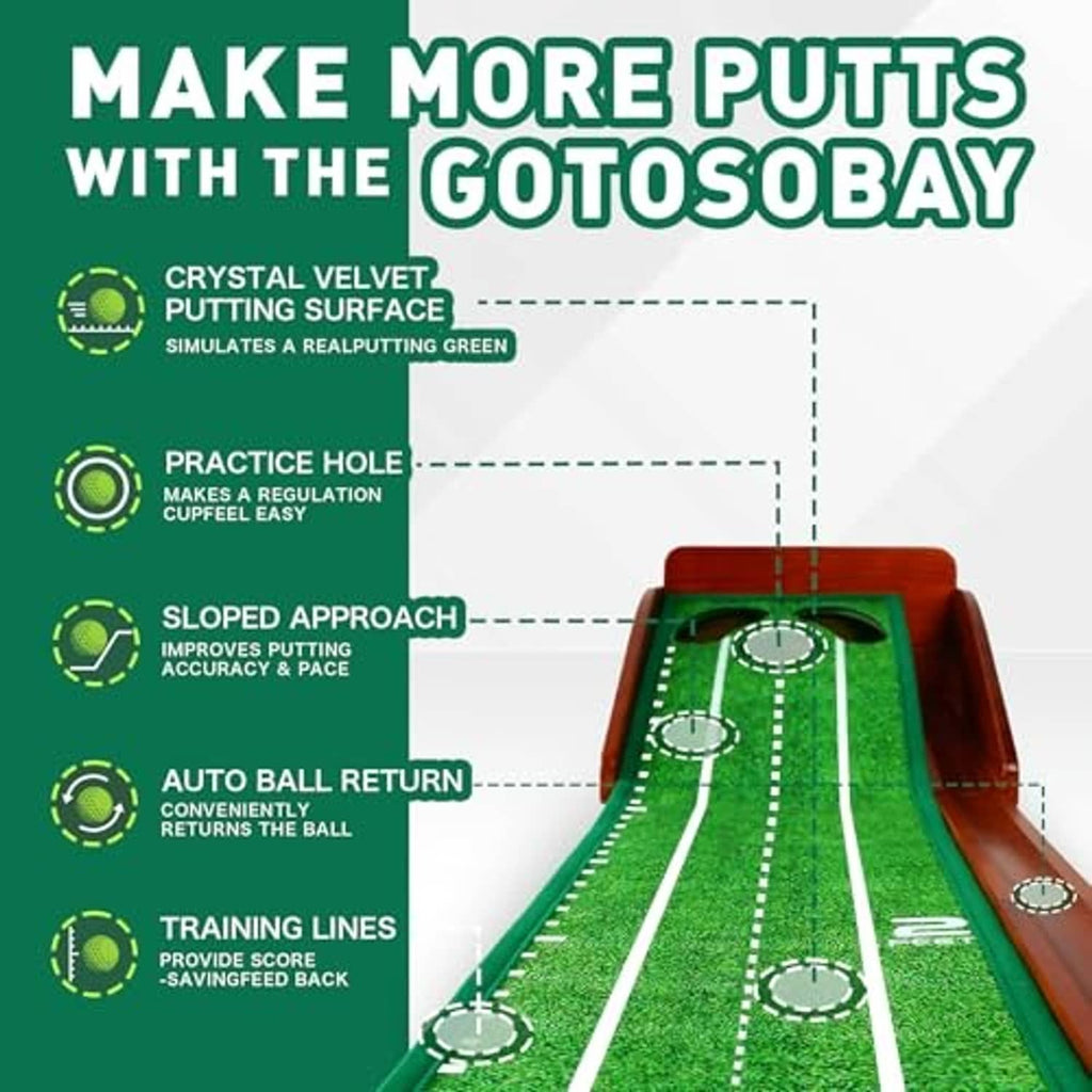 Golf putting mat featuring practice hole and auto ball return, green turf with guide lines