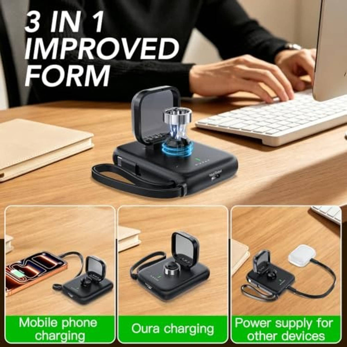 Black portable charger dock with metal ring and charging cable connected on desk