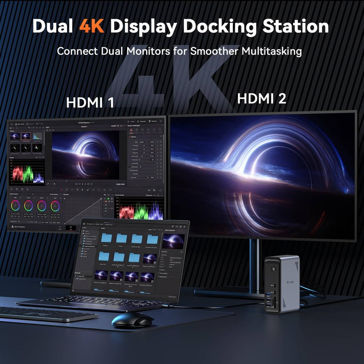 Dual-monitor docking station with HDMI 1 and HDMI 2 ports