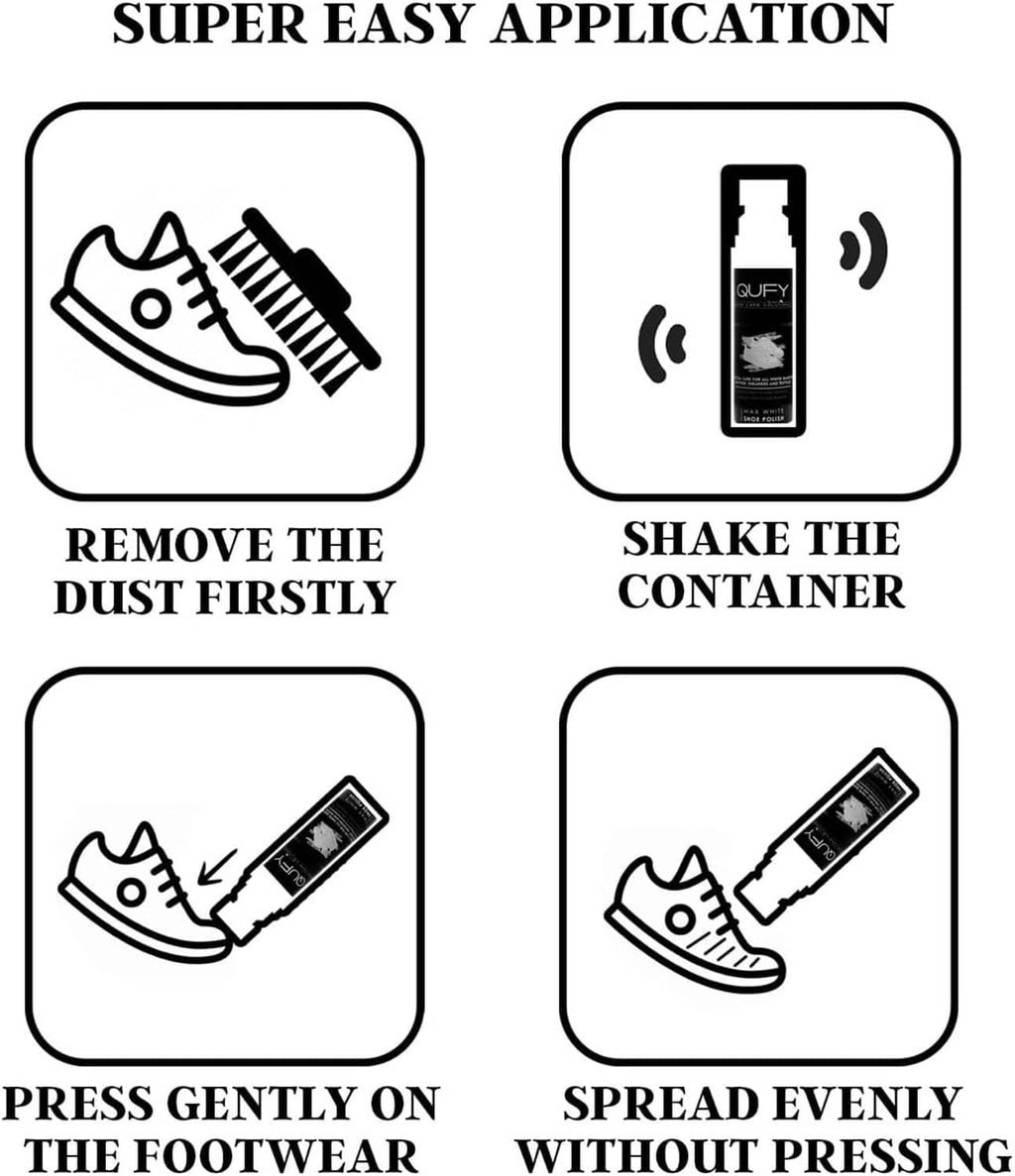 Shoe polish application steps with icons: remove dust, shake, press, spread