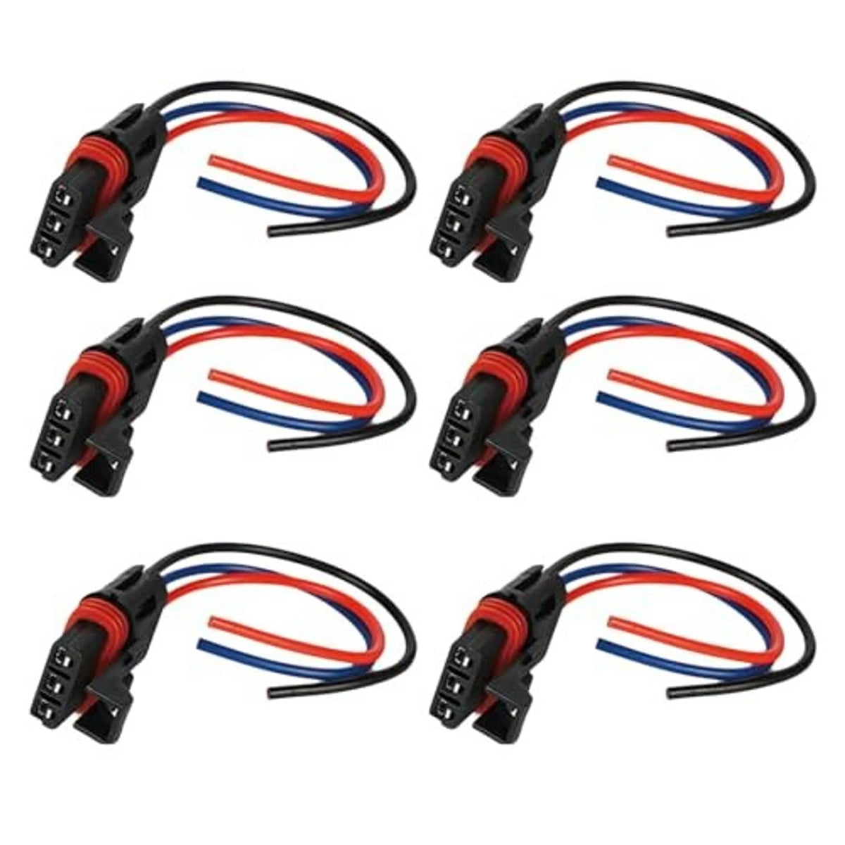 Pack of pulse power plug pigtails with black connectors and red, blue, white wire leads