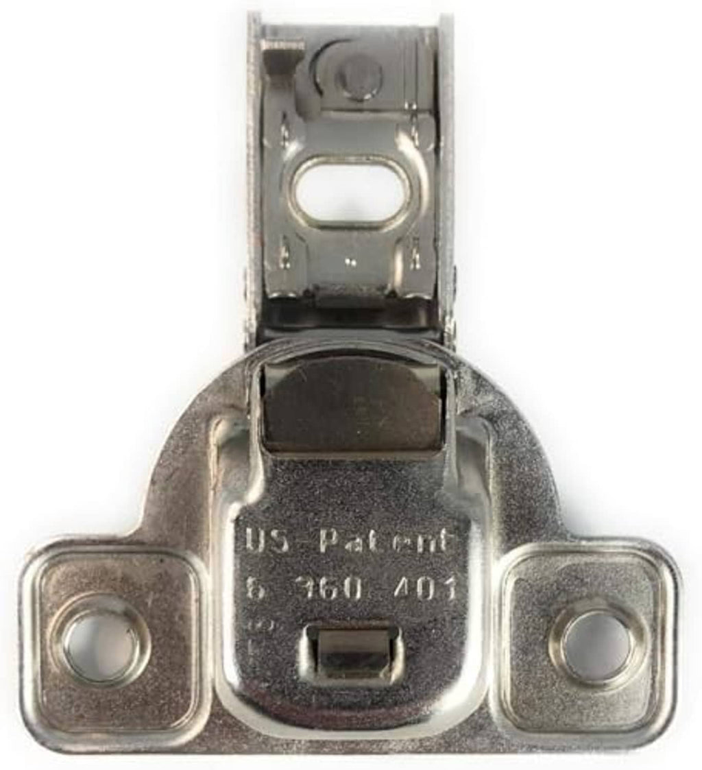 Nickel-plated metal overlay hinge underside with stamped markings and screw slot