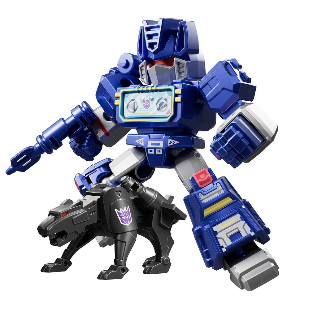 Blue and gray Transformers defender robot figure with black base, posed