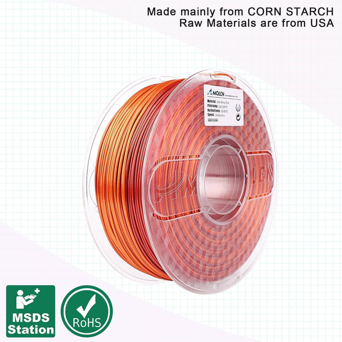 Clear spool of silk PLA gradient filament in red-orange tones