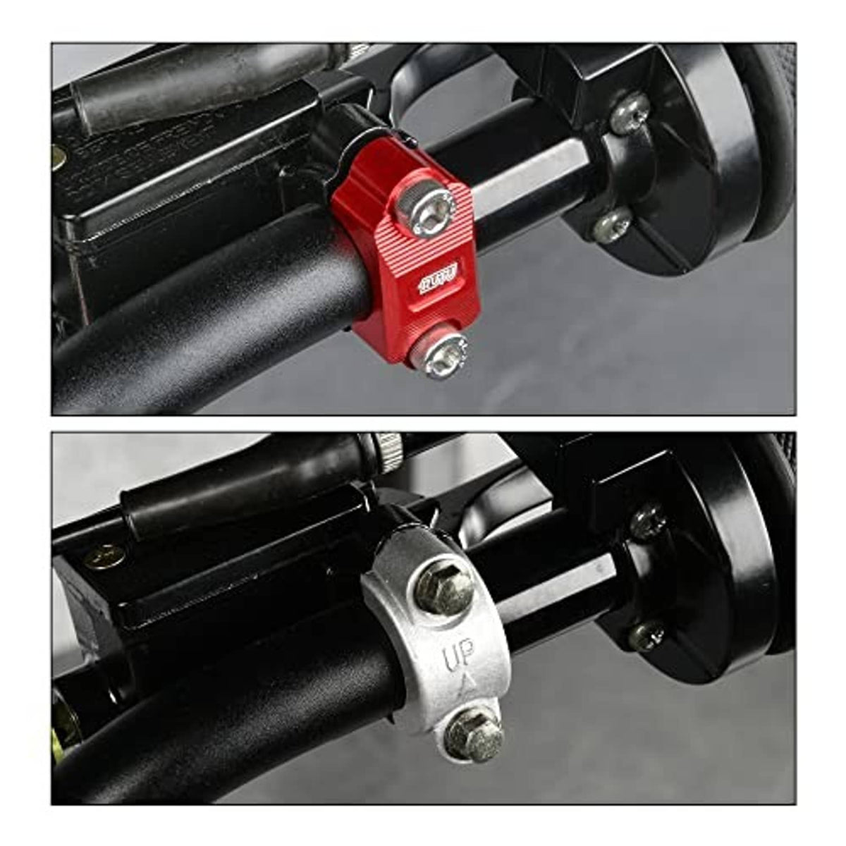 Red and silver CNC brake lever holder clamps shown mounted near handlebar controls