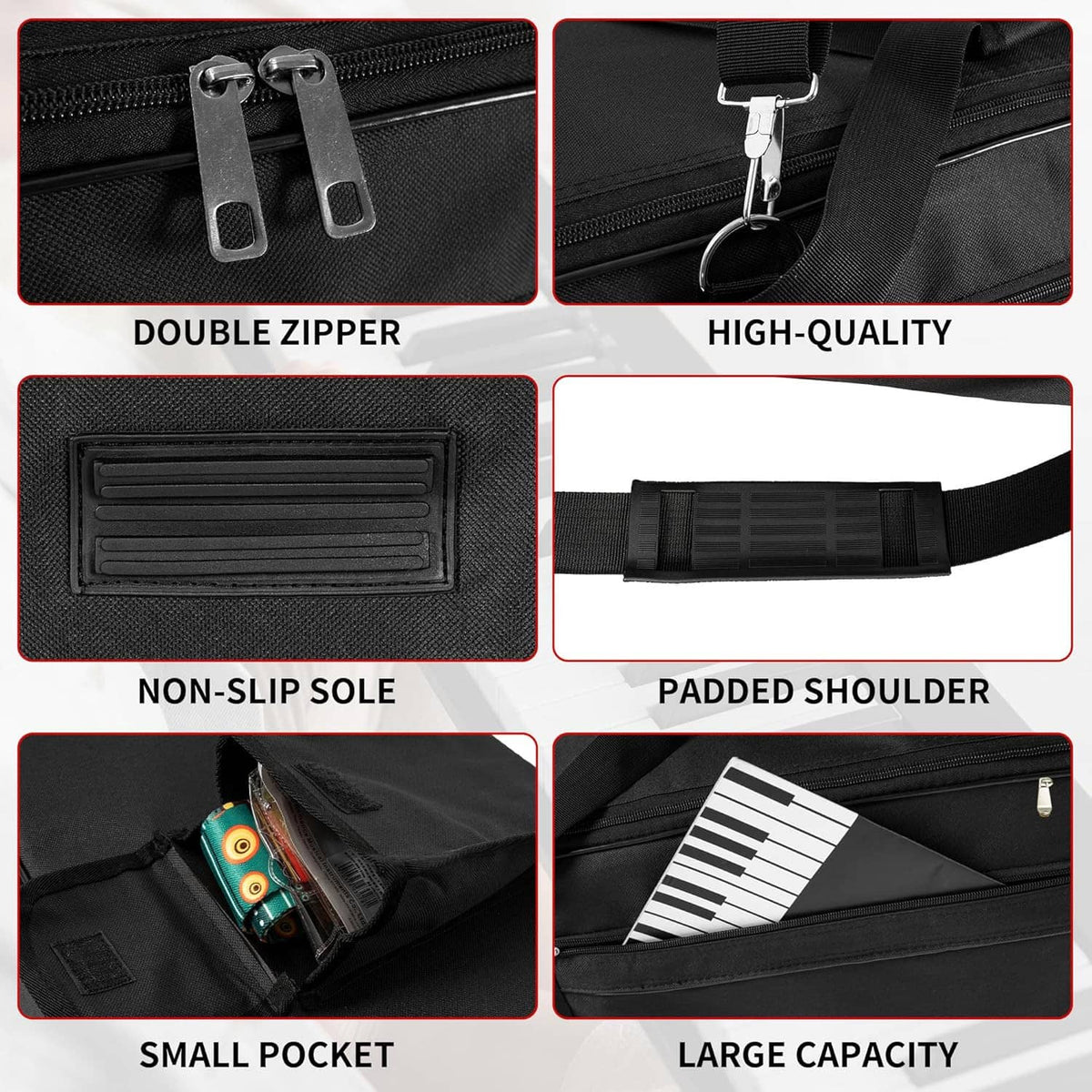 Black keyboard case detail: double zippers, non-slip sole, padded shoulder strap