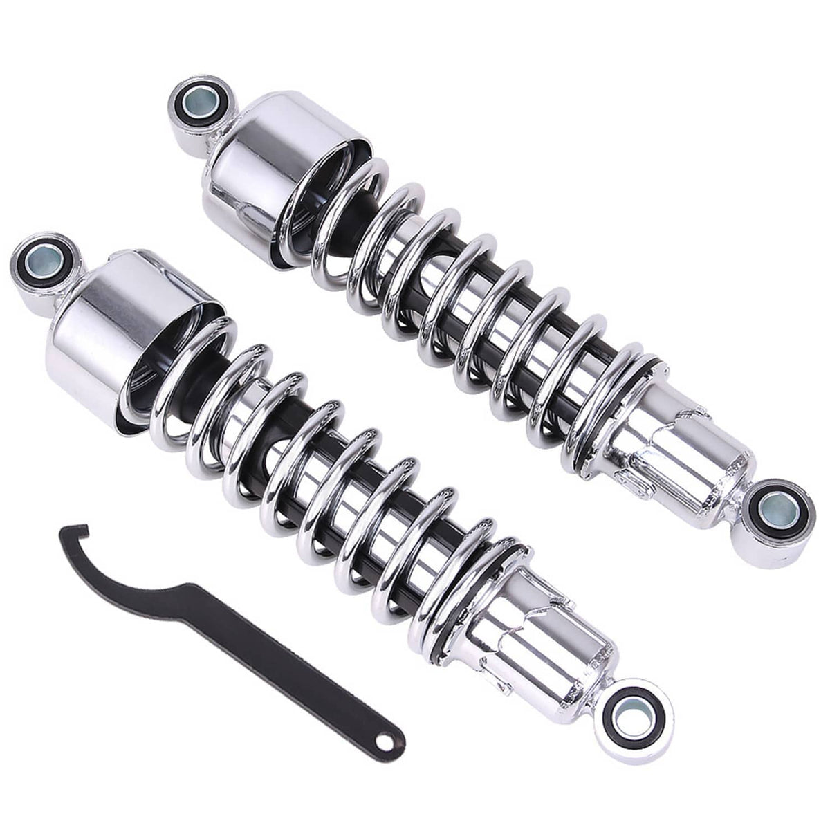 Chrome rear shocks with coil springs, mounting eyes, and black installation tool