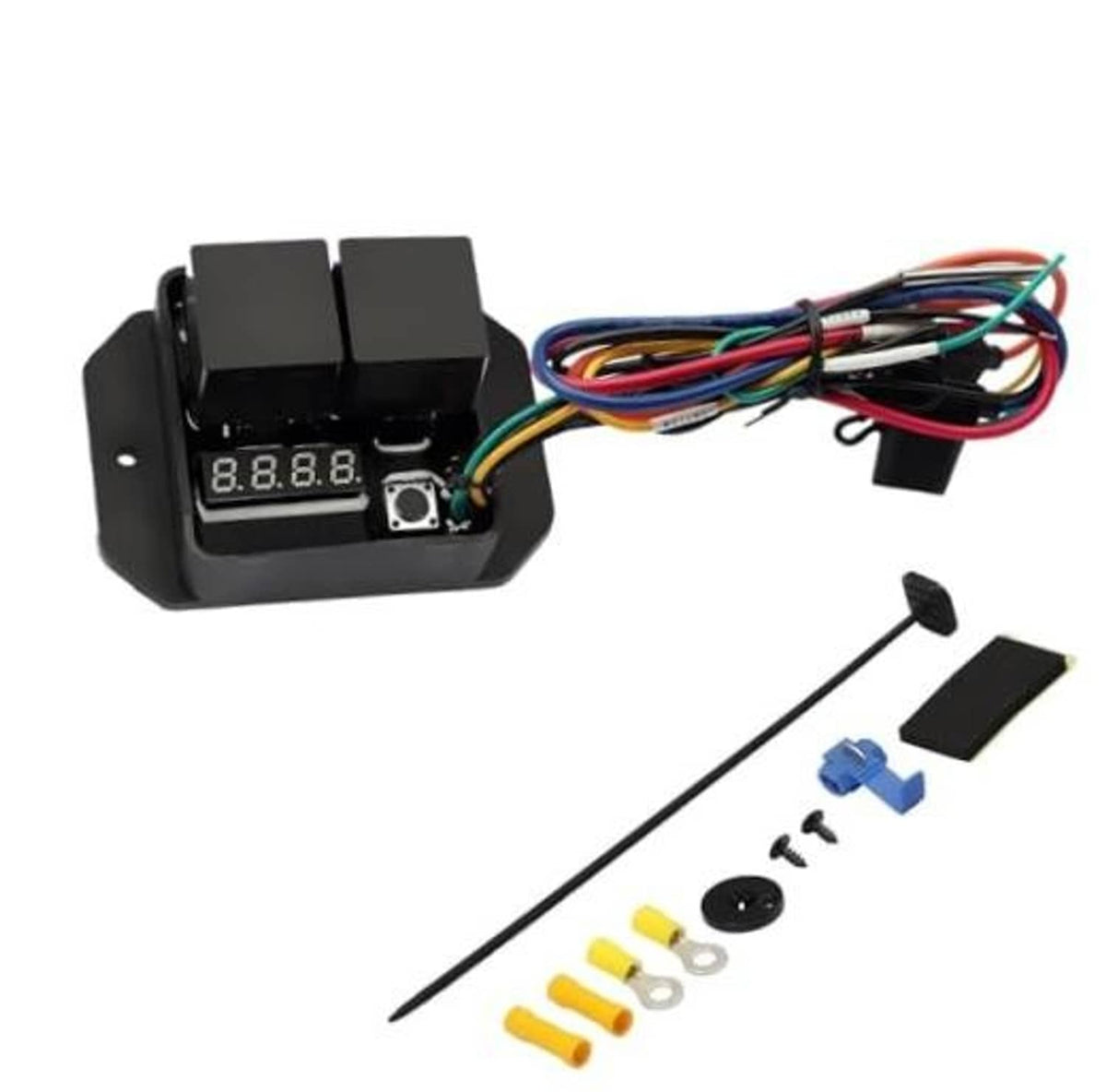 Radiator fan controller switch kit with LED display and multi-color wiring harness, black