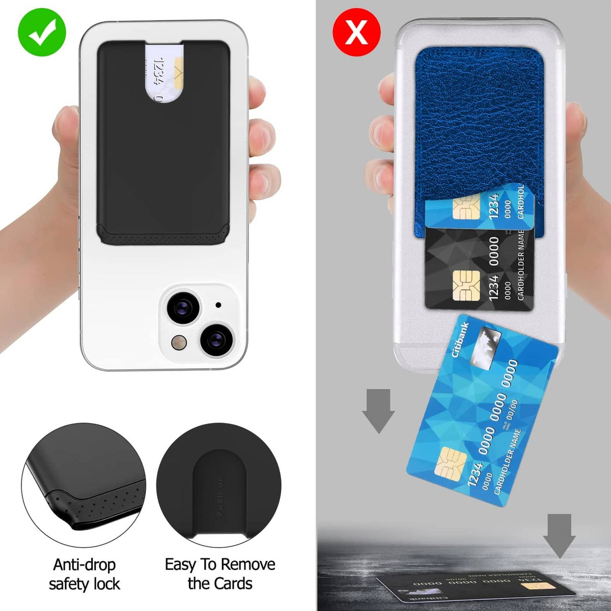Black stick-on phone card wallet with anti-drop safety lock; card removal shown