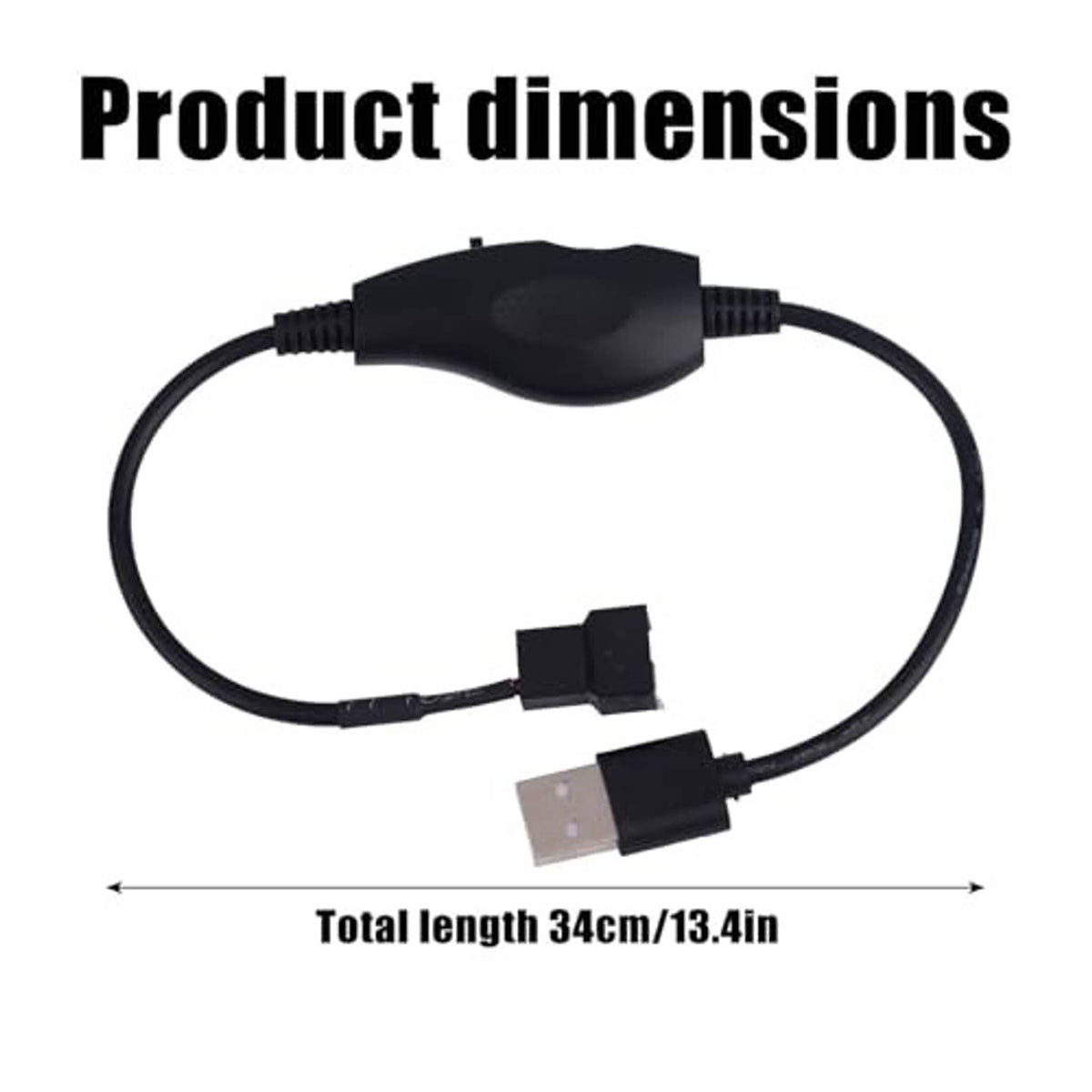 USB fan speed adapter controller cable with inline black controller and 4-pin connector
