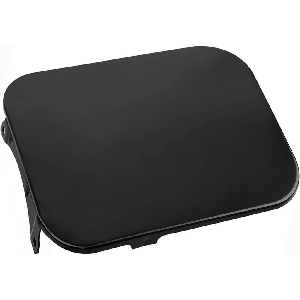 Black fuel door lid cover with curved top and side mounting tabs