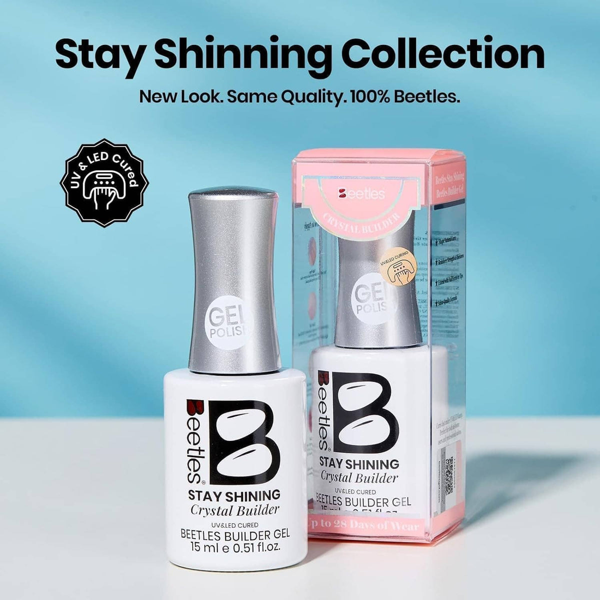 Clear nail builder gel set with bottles and Stay Shining collection packaging
