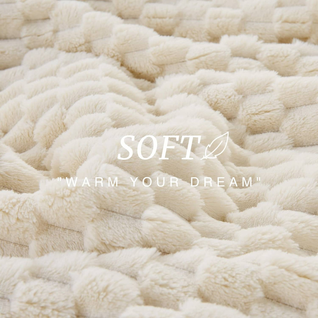 Cream fleece throw blanket close-up with soft raised 3D texture