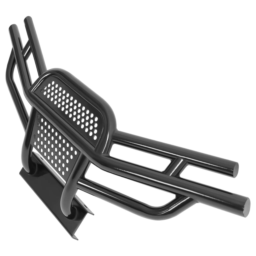 Front bumper brush guard with perforated plate and twin black support tubes