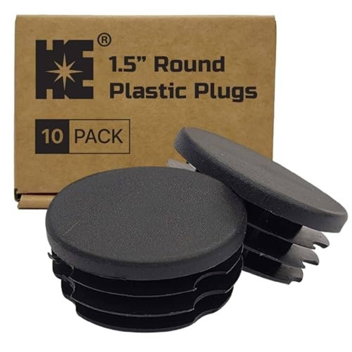 Stack of round dark gray plastic plugs with ribbed sides and flat top, 1.5 in