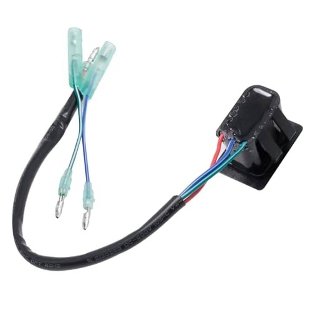 Tilt-and-trim switch with black housing and blue/green connector wires with terminals
