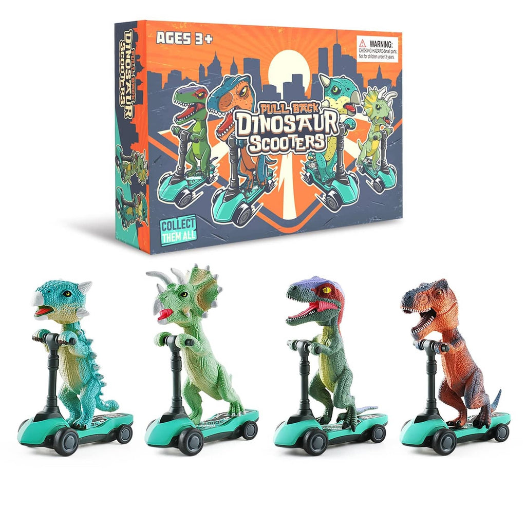 4-pack pull-back dinosaur finger scooters with teal bases, orange and green dinos