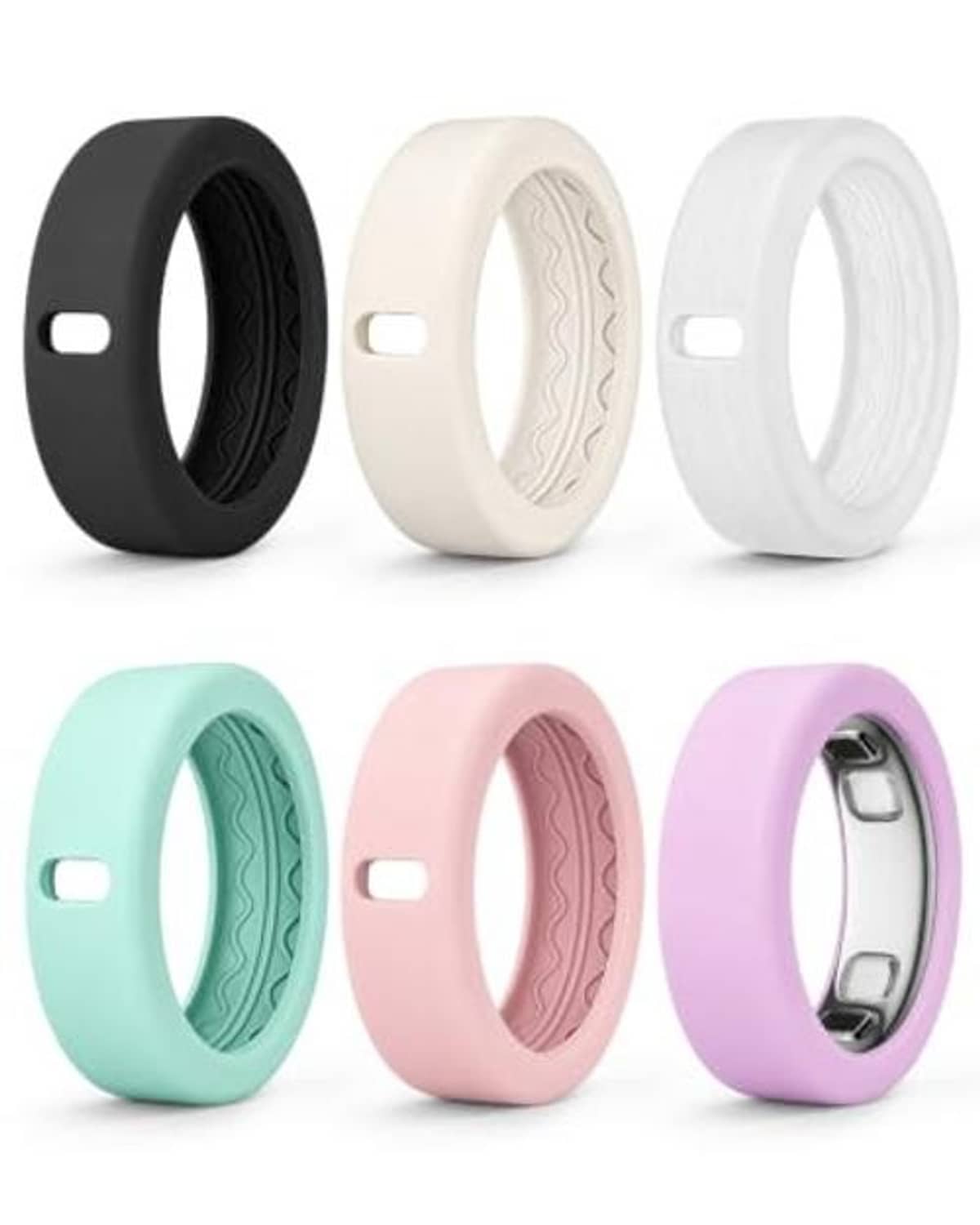 Front view of 6-pack silicone ring covers for Oura Ring Gen 5 in black, cream, white, teal