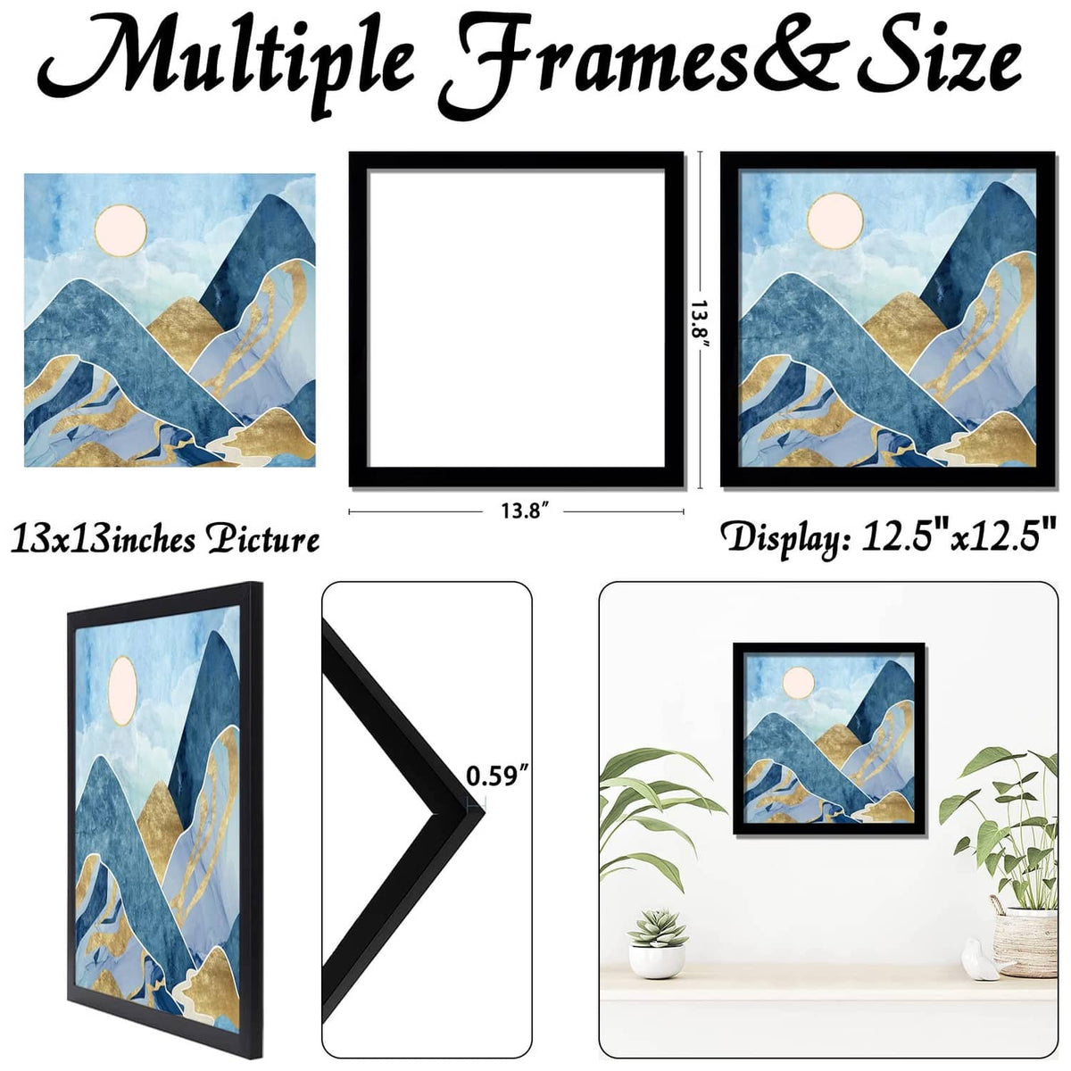 Black 13x13 square display picture frame with white mat insert