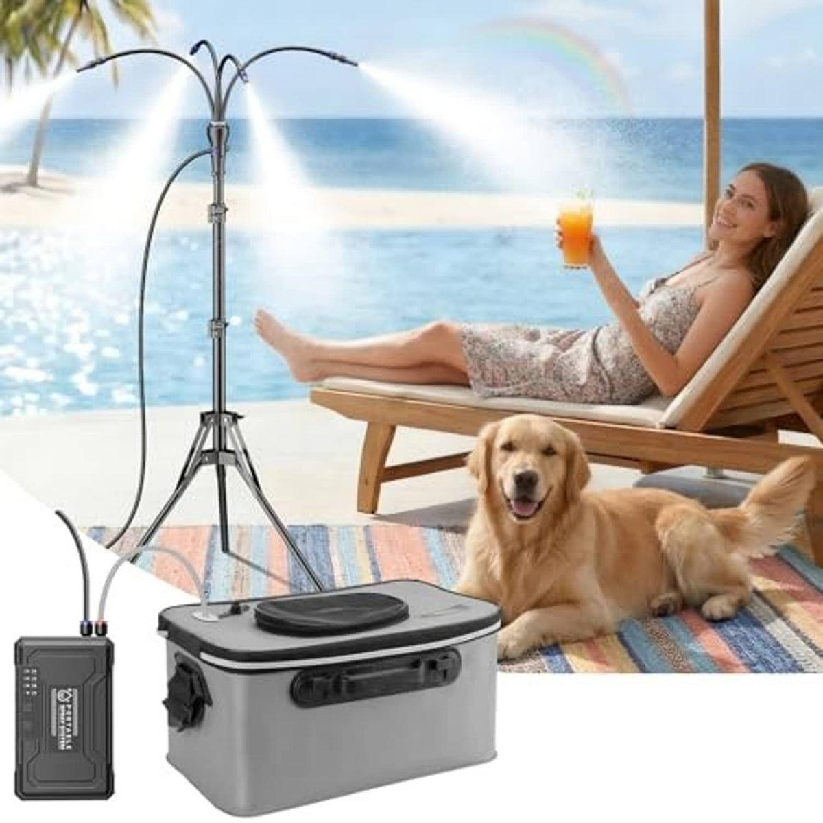 Gray misting water cooler with tripod stand and curved mist hose