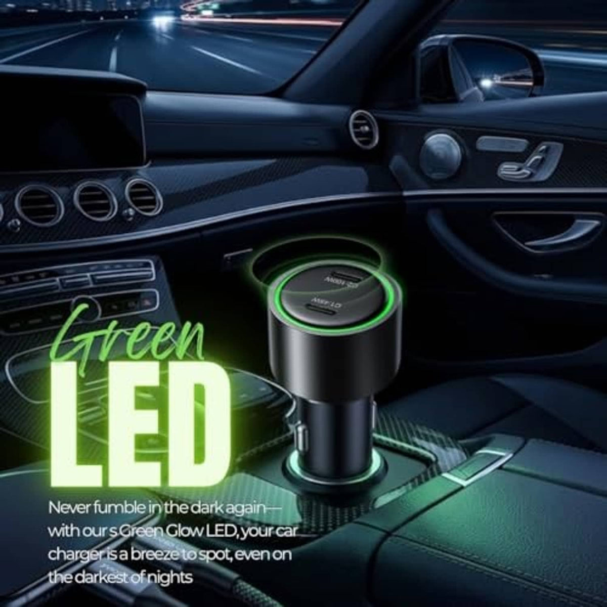 Black USB-C car charger with green LED ring placed on a car dashboard