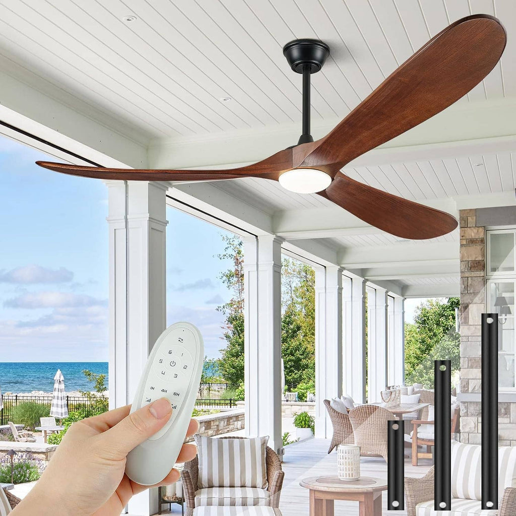 Outdoor ceiling fan with black housing, 3 wooden blades, integrated light, remote control.