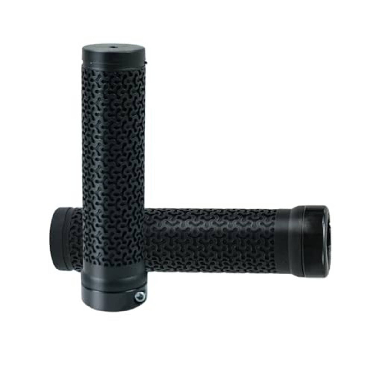 Pair of lock-on bicycle grips, black textured pattern, with end caps