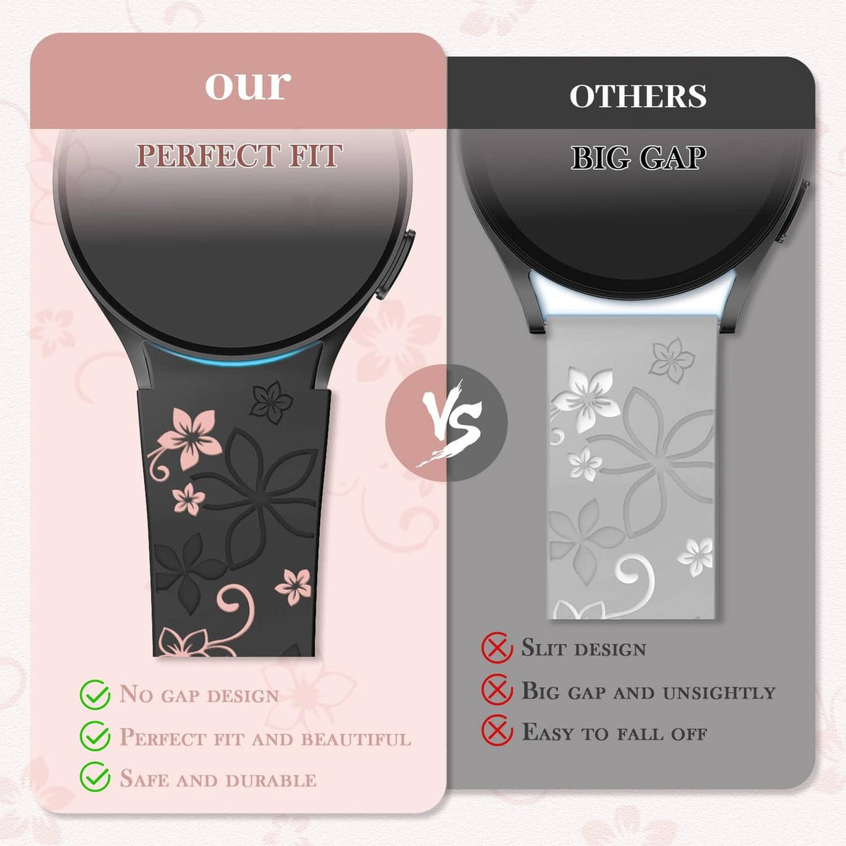 Black flower engraved smartwatch band with pink floral details