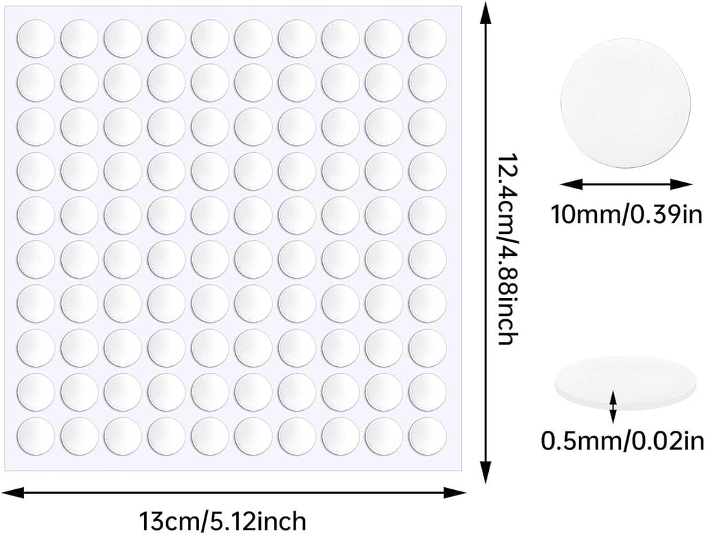 Sheet of round double-sided adhesive dots with clear pads and compact size reference