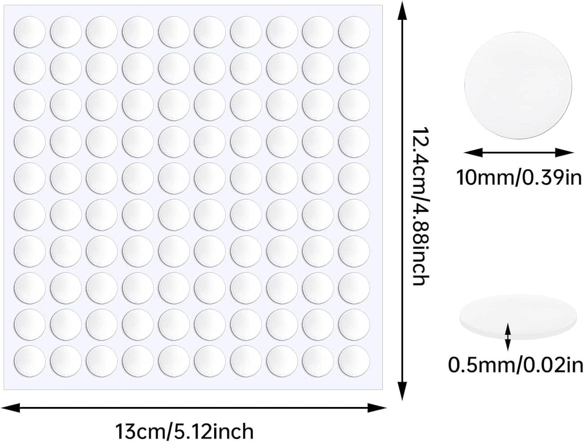 Sheet of round double-sided adhesive dots with clear pads and compact size reference