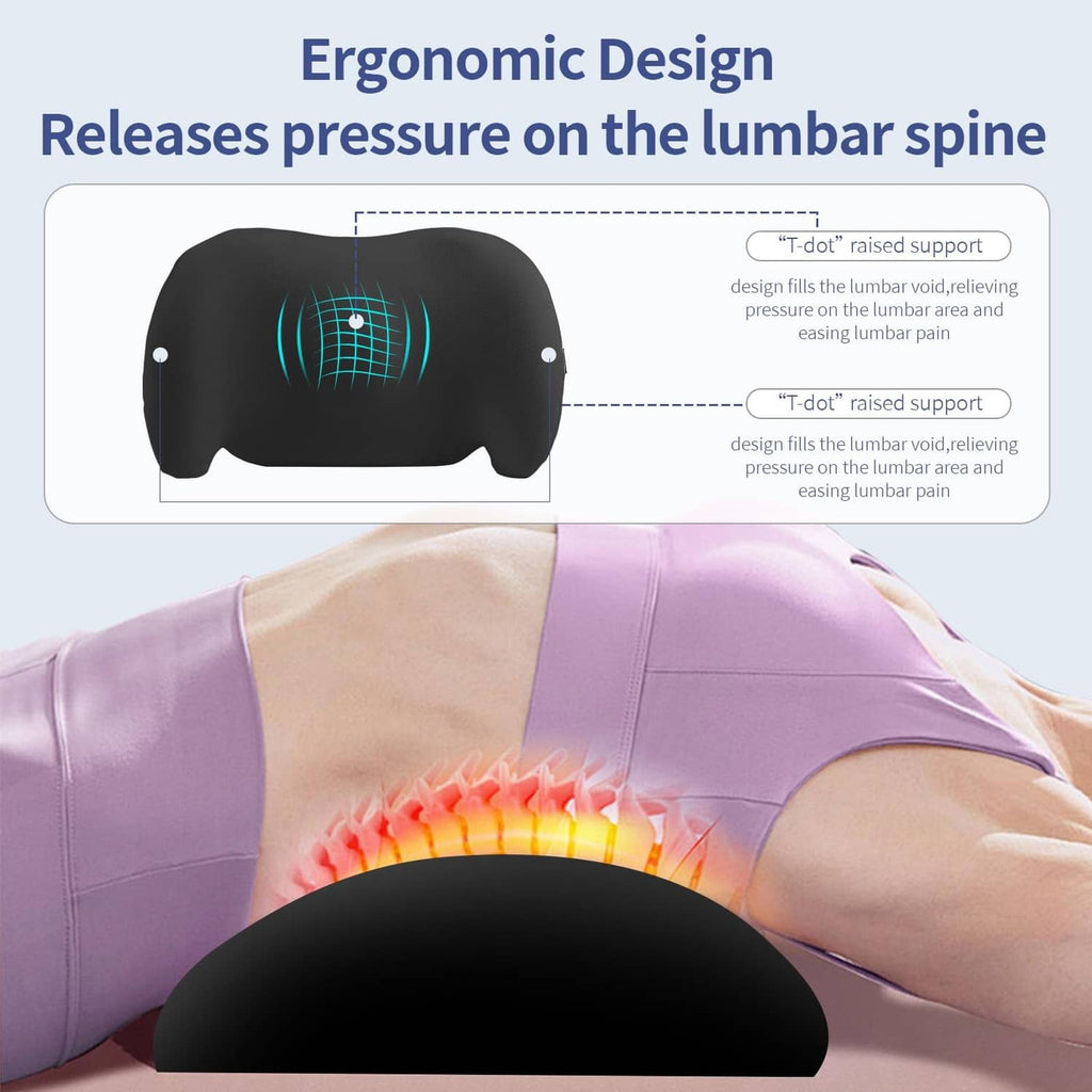 Black lumbar support pillow with teal dot-and-grid design for pressure relief
