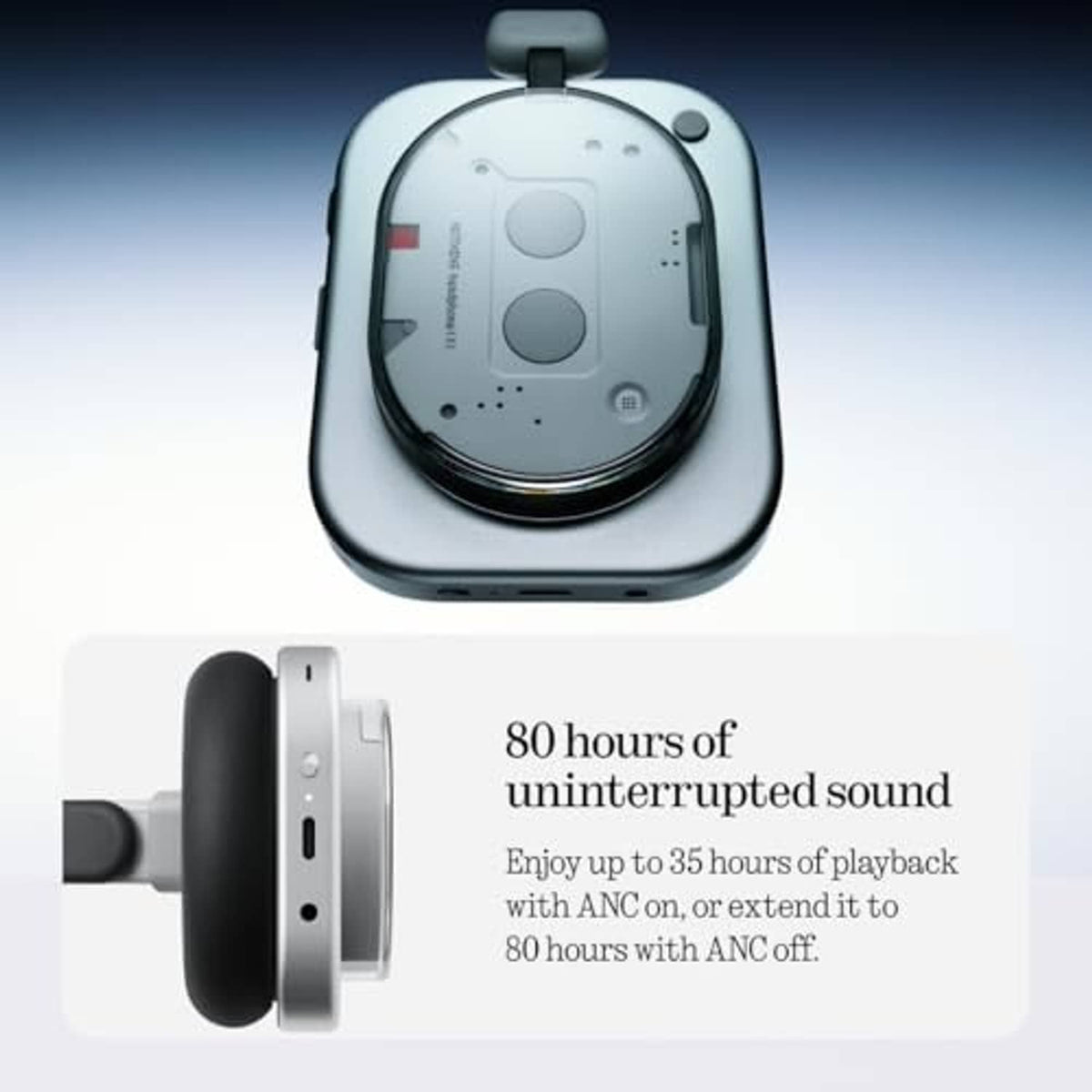 Light gray over-ear headphones with control panel on earcup and black ear cushions