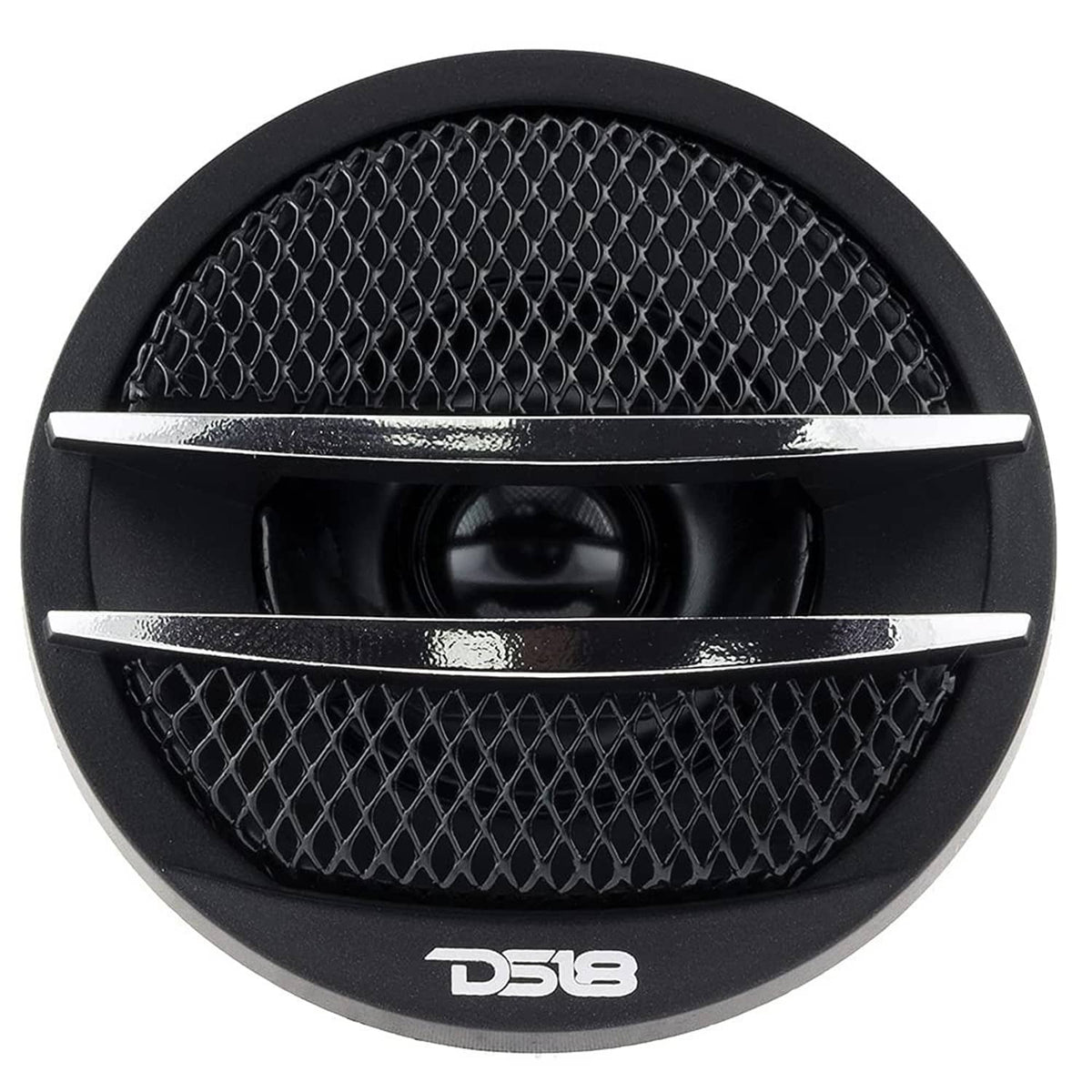 DS18 tweeter front view with black mesh grille, silver stripe, and DS18 badge