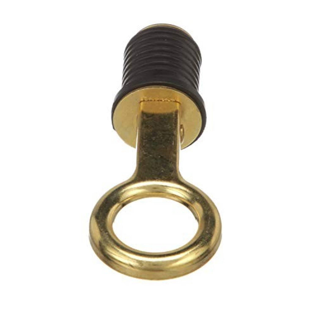 Snap-handle drain plug base with black rubber cap and brass ring handle