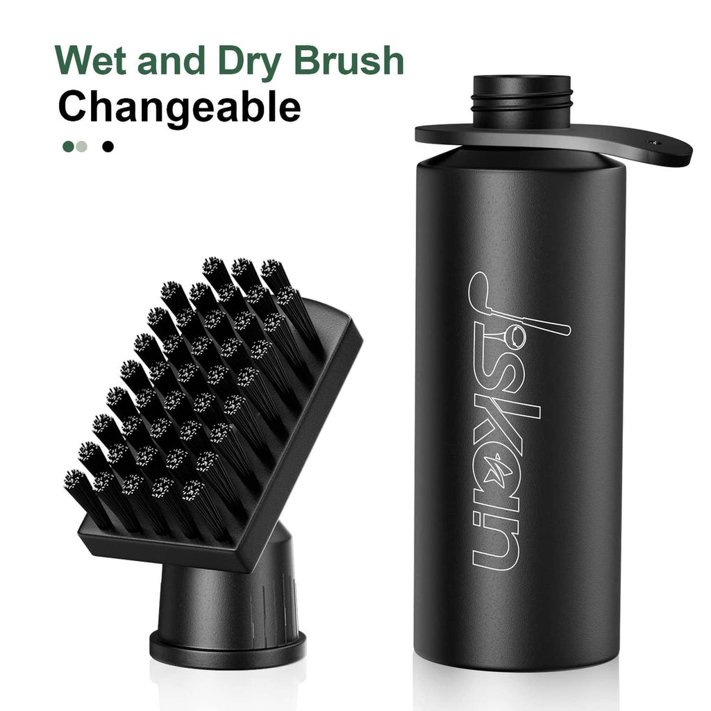 Black golf club cleaning brush set with angled brush head and squeeze bottle