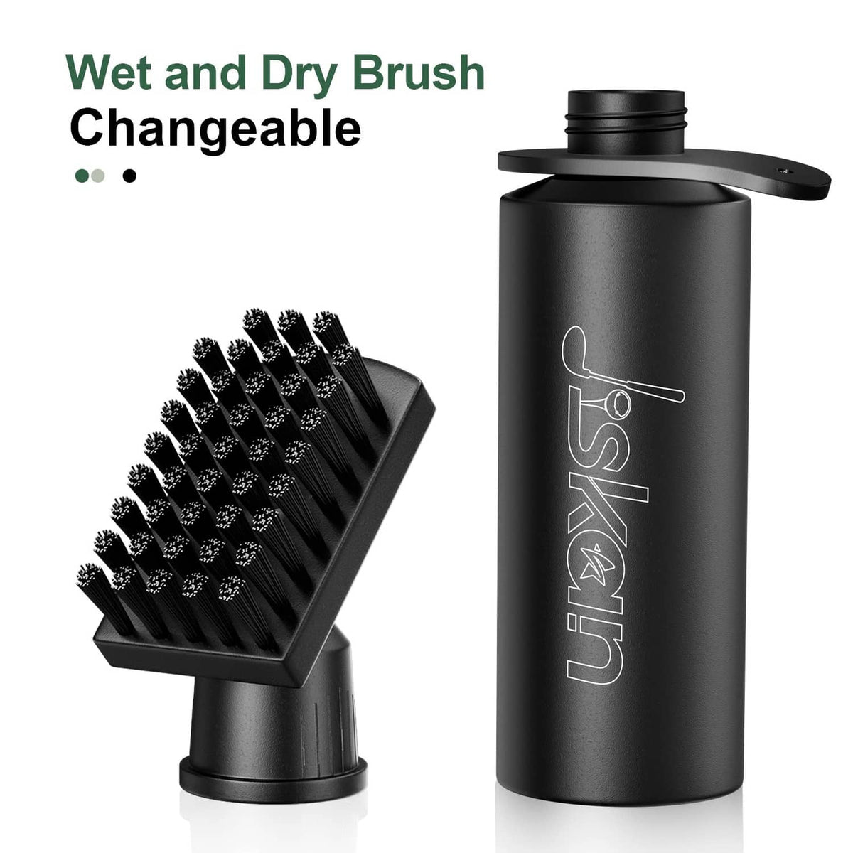 Black golf club cleaning brush set with angled brush head and squeeze bottle