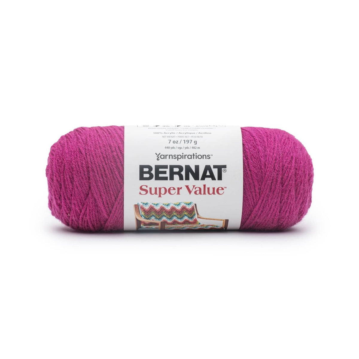 Raspberry pink yarn skein in Bernat Super Value packaging