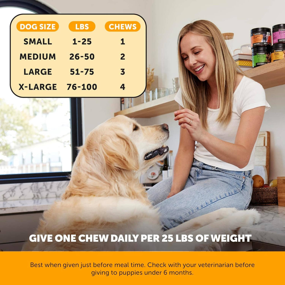Dog allergy chew size guide with woman and golden retriever next to jar.