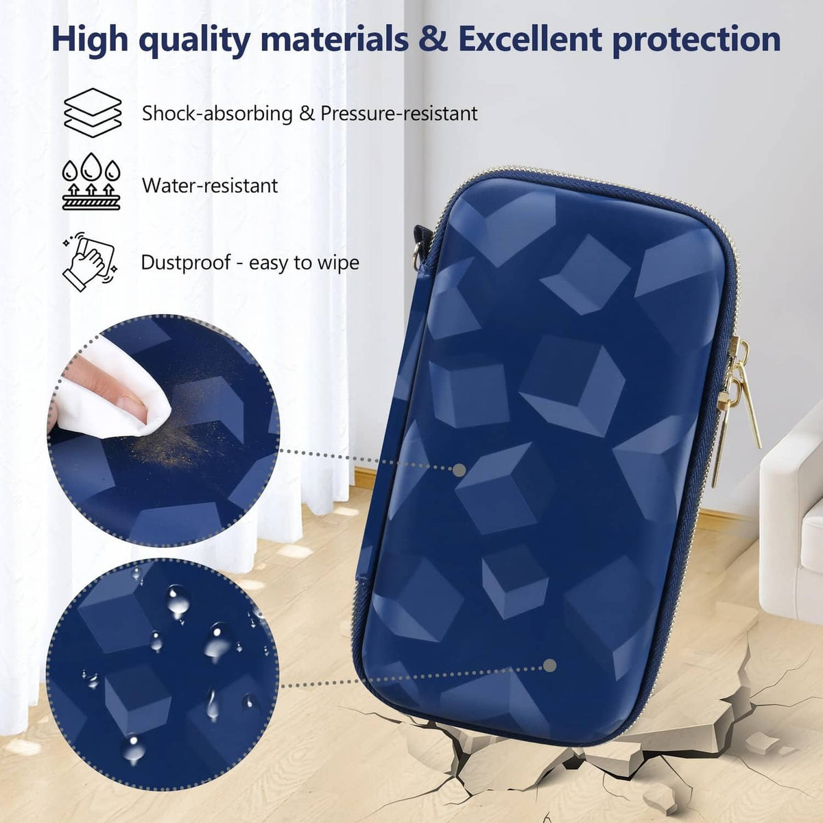 Navy zippered game case with textured geometric pattern and reinforced protective shell