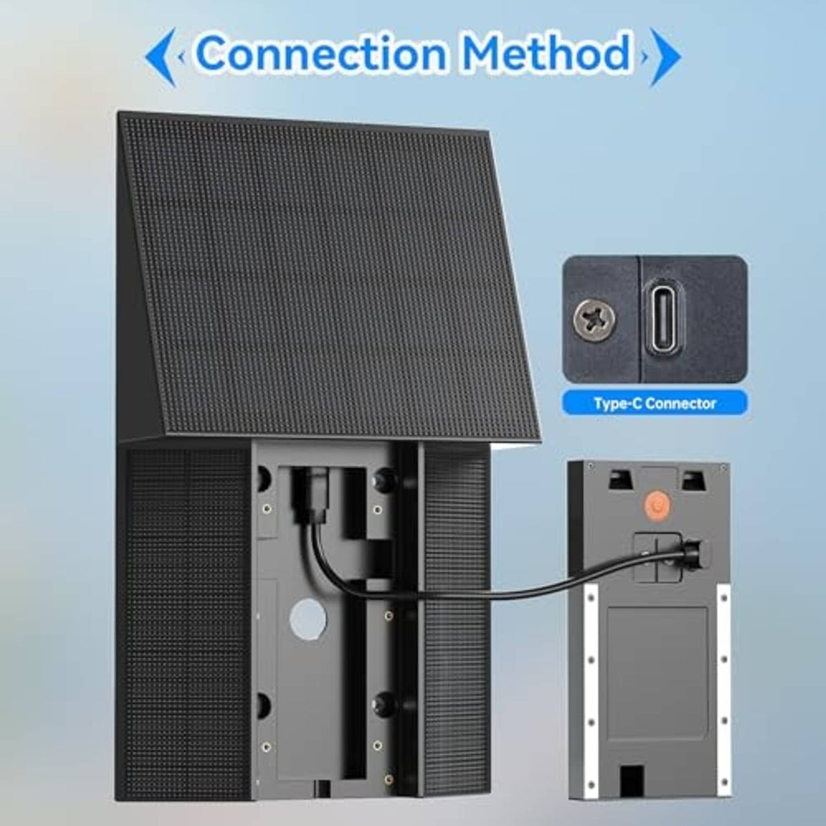 Solar charger open back showing internal parts and Type-C connector