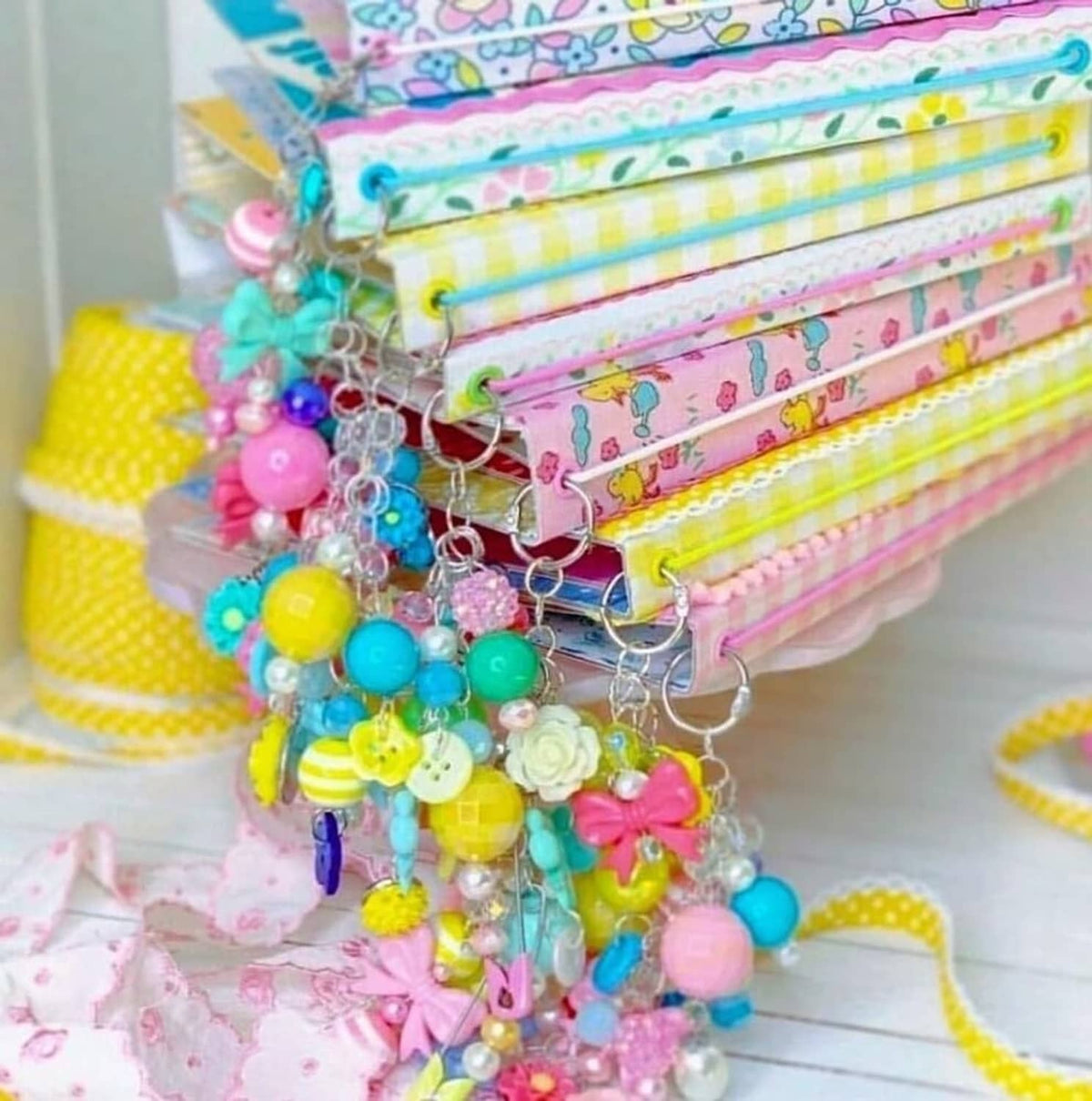 Colorful bead keychain strap with round acrylic rhinestone beads and charms