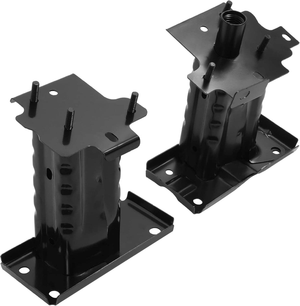 Pair of black front bumper reinforcement bracket supports with mounting holes and studs