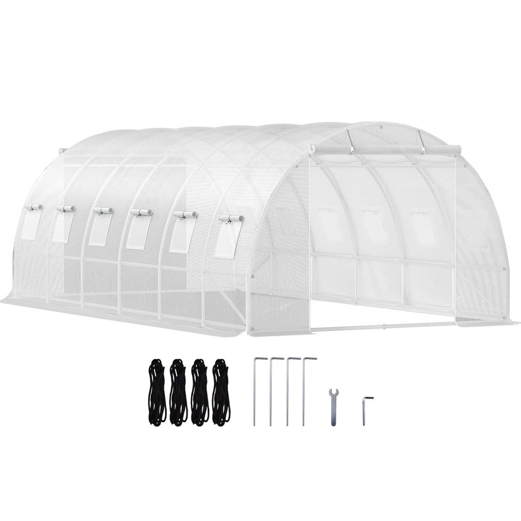 Walk-in tunnel greenhouse with white waterproof cover and galvanized frame, end view
