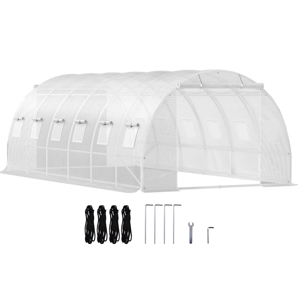Walk-in tunnel greenhouse with white waterproof cover and galvanized frame, end view