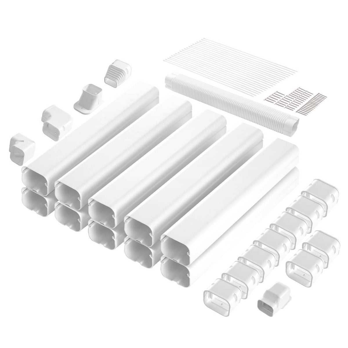 White PVC mini-split line set cover kit with long straight cover sections and multiple end caps
