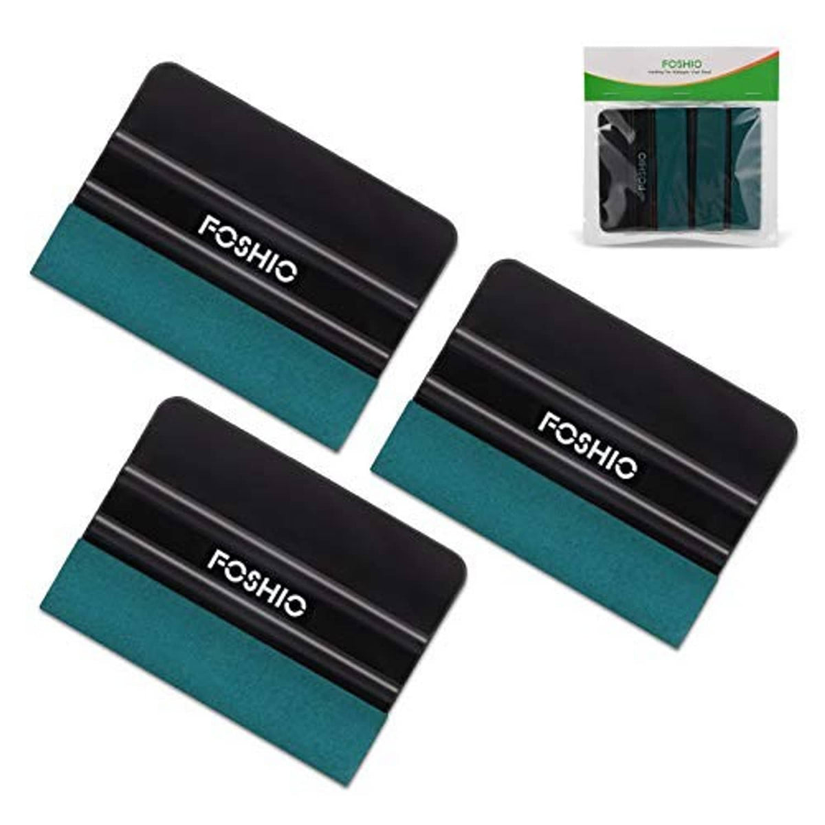 Vinyl wrap squeegee set, three black plastic blades with teal felt suede pads.